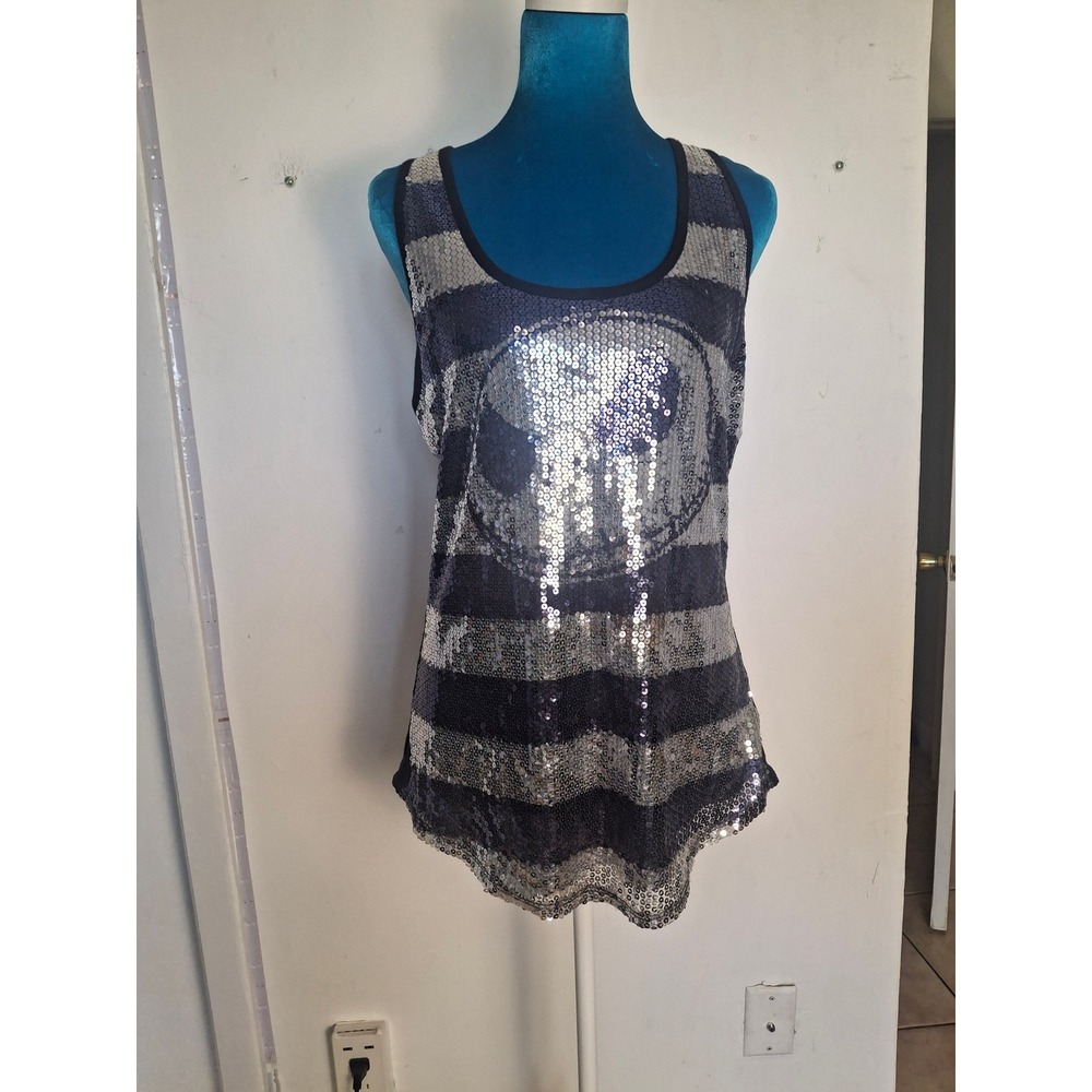 Disney Parks Jack Skellington Sequin Tank Top Medium Black Silver Striped JT9980
